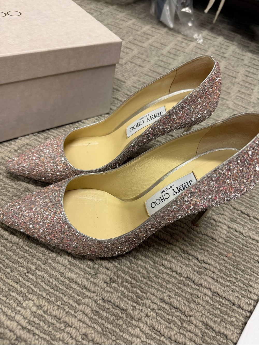 Jimmy Choo ROMY 100 Pink Glitter Pointed Pumps with Multitone Sparkle - Picture 3 of 8